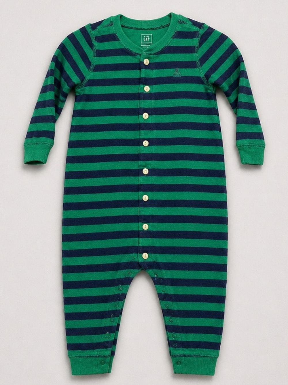 GAP Green and Navy Striped drop drawer one-piece size 11-18 months